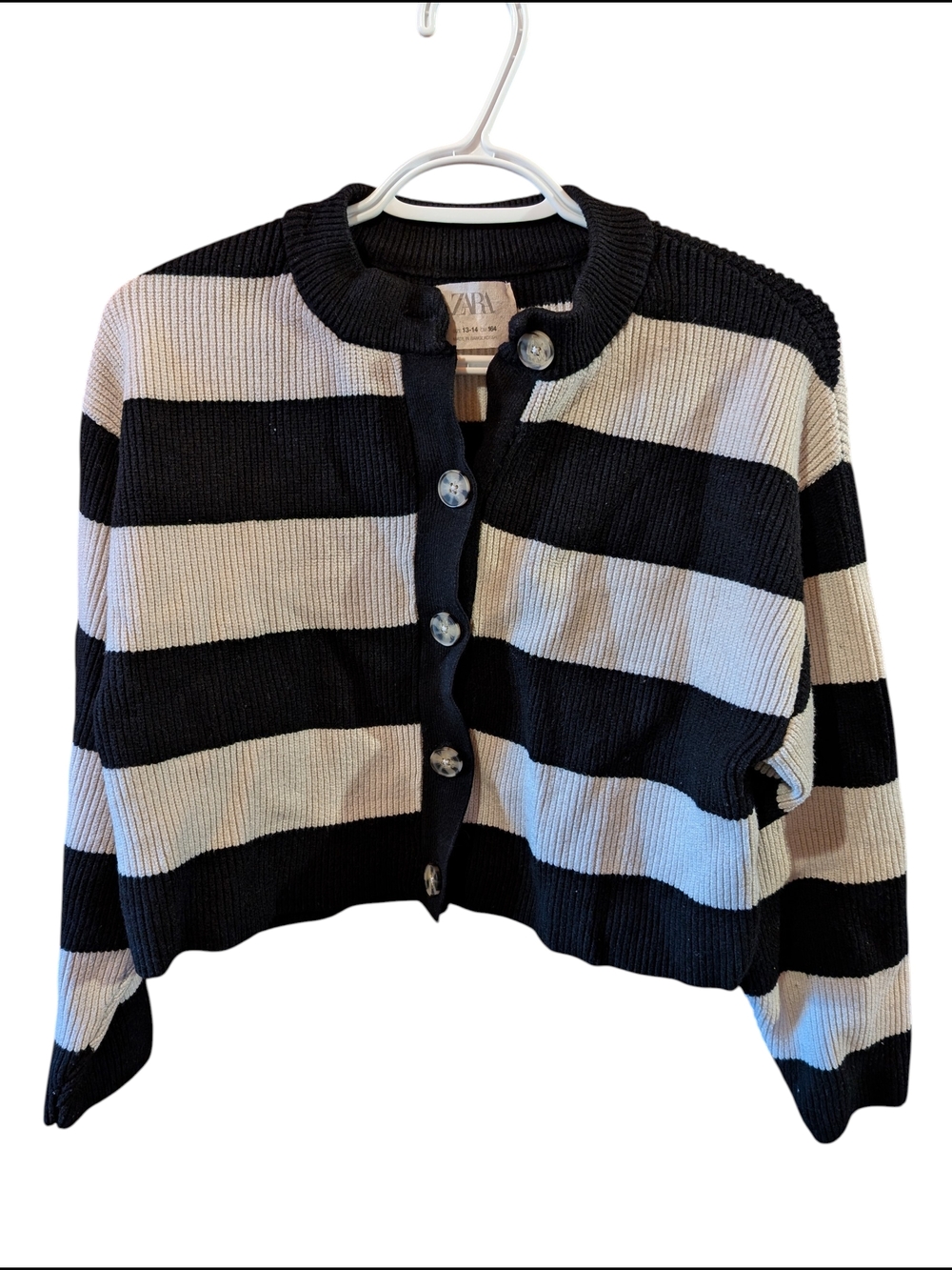 Zara Black & Cream Wide-Stripe Cropped Cardigan